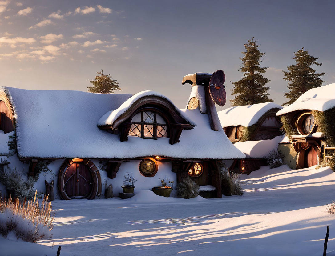 Snow-covered hobbit-like houses with circular doors in serene wintry twilight