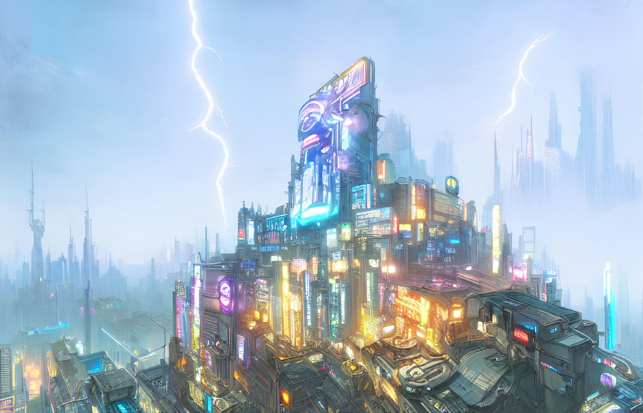 Neon-lit cityscape with skyscrapers and lightning strikes