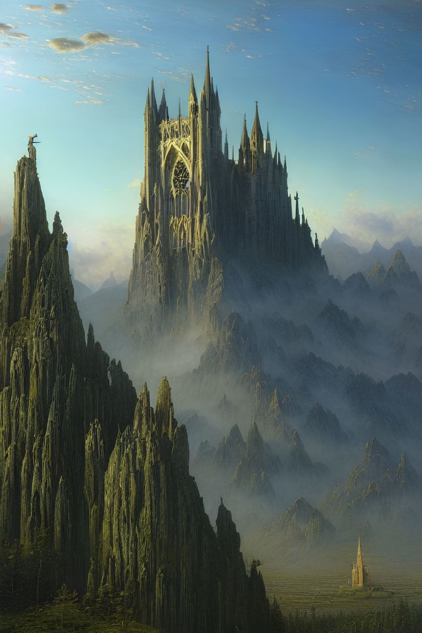 Mystical landscape with tall mountains and gothic cathedral in soft mist