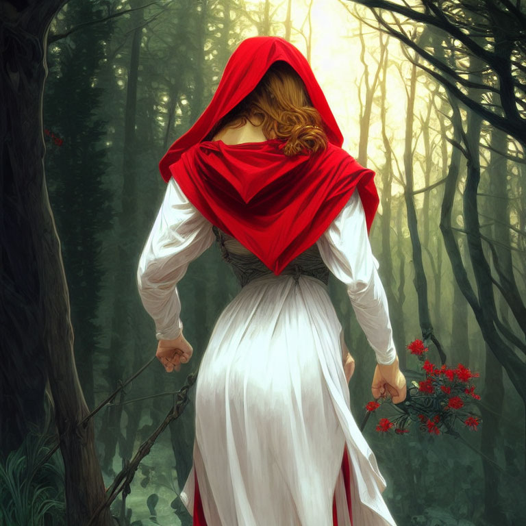 Person in Red Hood and White Dress Walking in Misty Forest with Flowers