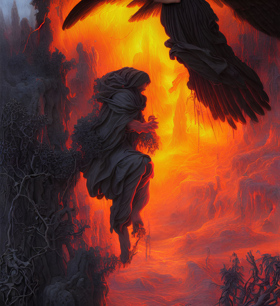 Winged figure in flowing robes against fiery volcanic backdrop