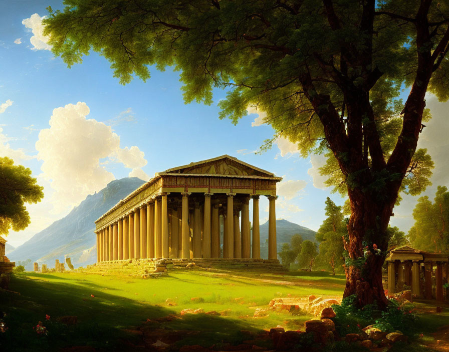 Classical Greek temple painting in serene landscape