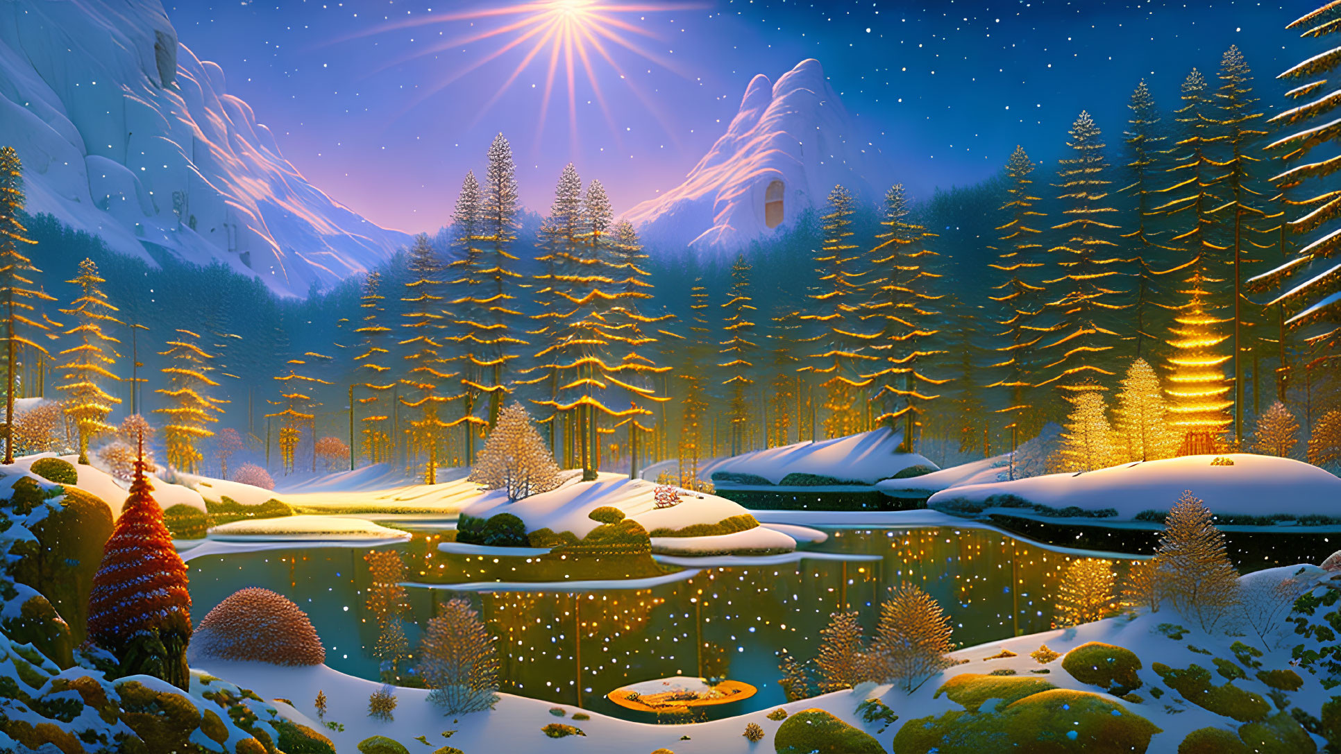 Snow-covered trees, calm lake, starry sky: Serene winter landscape with warm lights.
