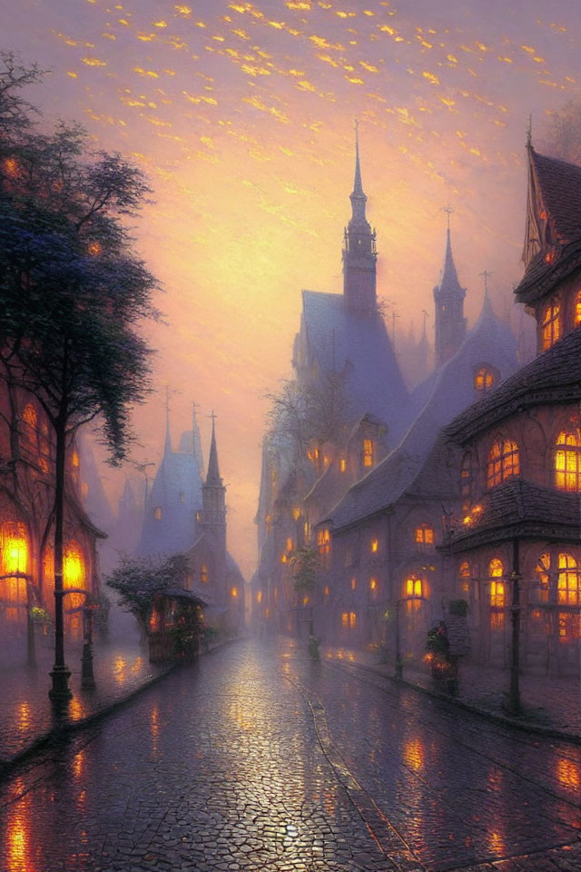Twilight scene: cobblestone street, lantern-lit, old buildings, birds-filled sky