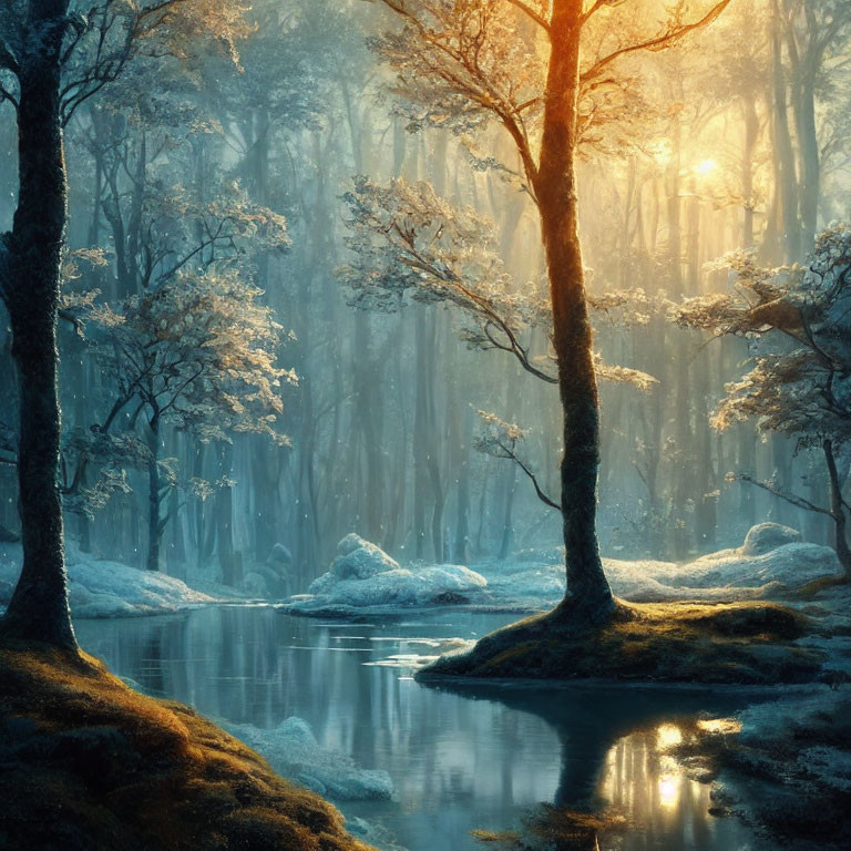 Enchanting forest scene with sunbeams, stream, and moss-covered grounds