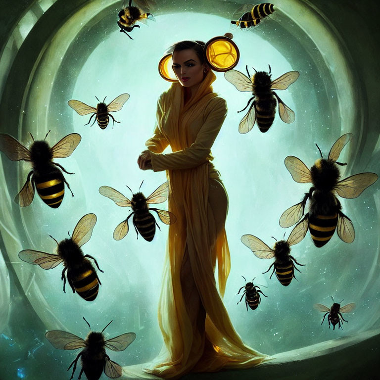 Woman in Yellow Dress Surrounded by Oversized Bees in Circular Frame
