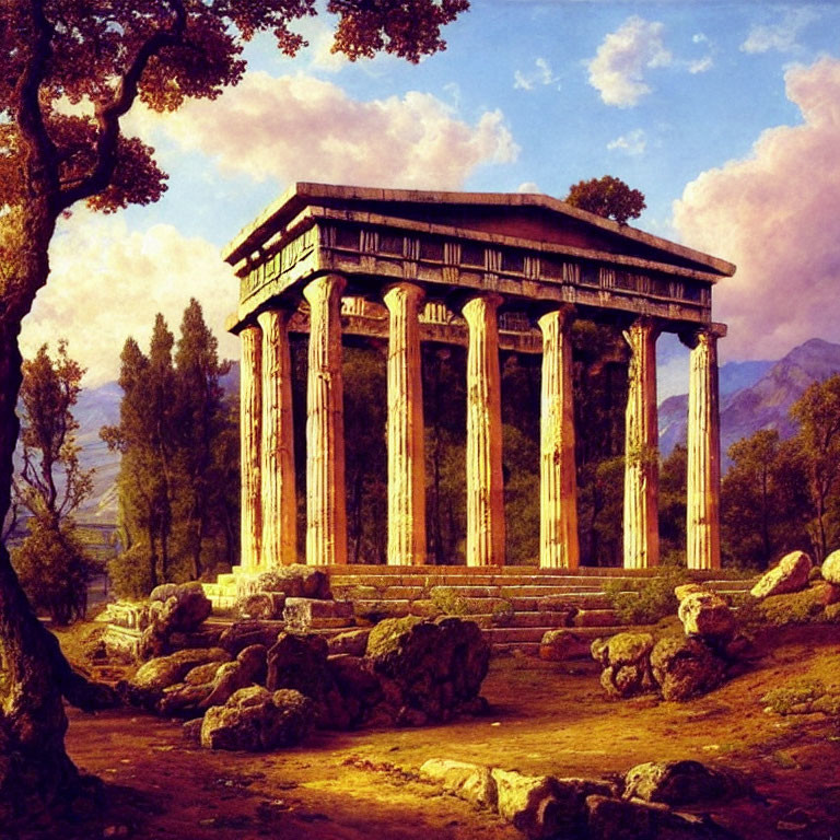Classical Temple with Corinthian Columns in Idyllic Landscape