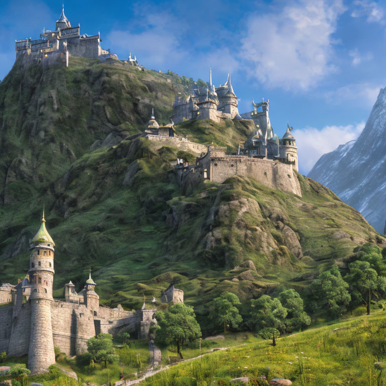 Majestic castle on lush green hill with towers and mountains