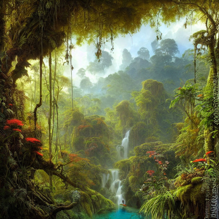 Verdant jungle with waterfall, mossy trees, red flowers, and blue pool
