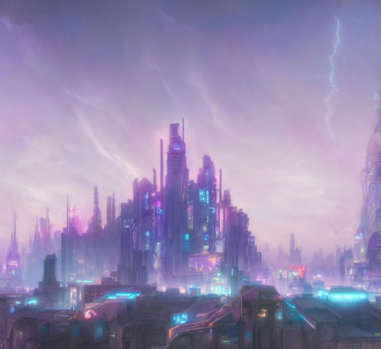 Futuristic neon cityscape at twilight with skyscrapers and lightning