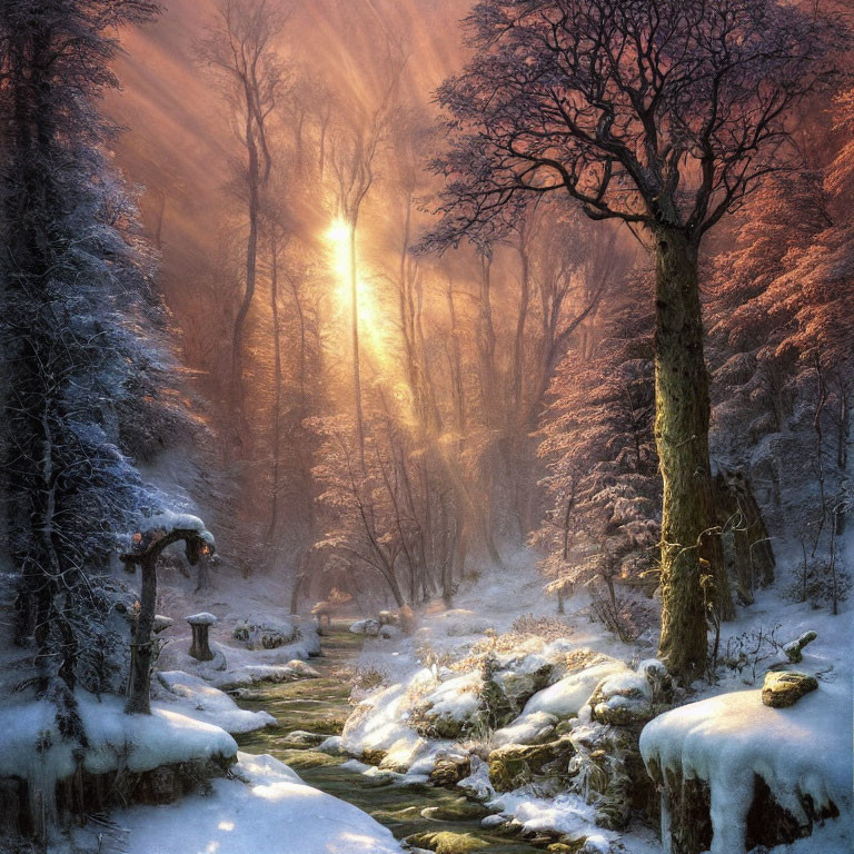 Snow-covered winter forest with stream, sunlight, and wooden bridge