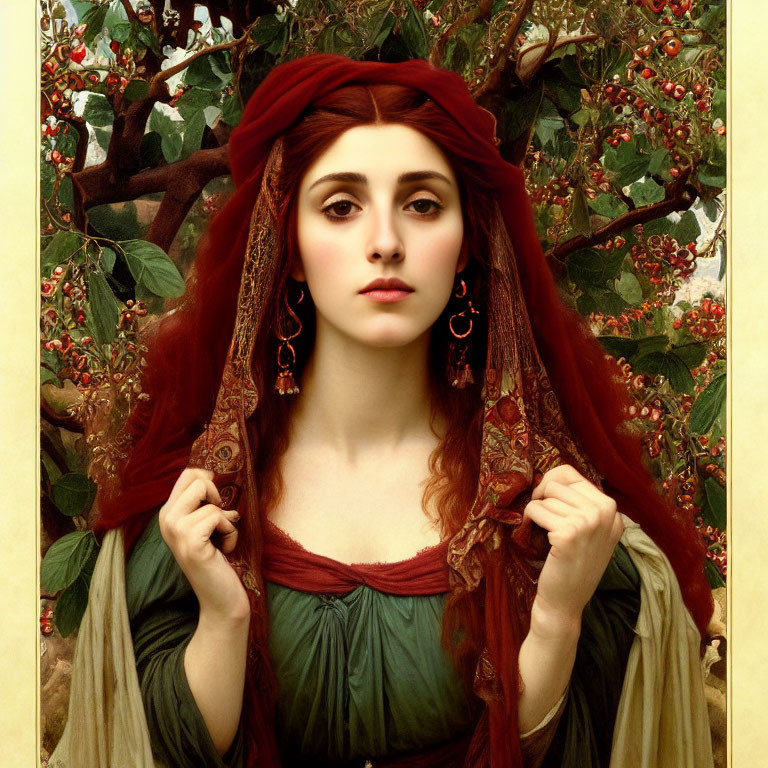 Serene woman with red headscarf and auburn hair standing by berry-laden tree