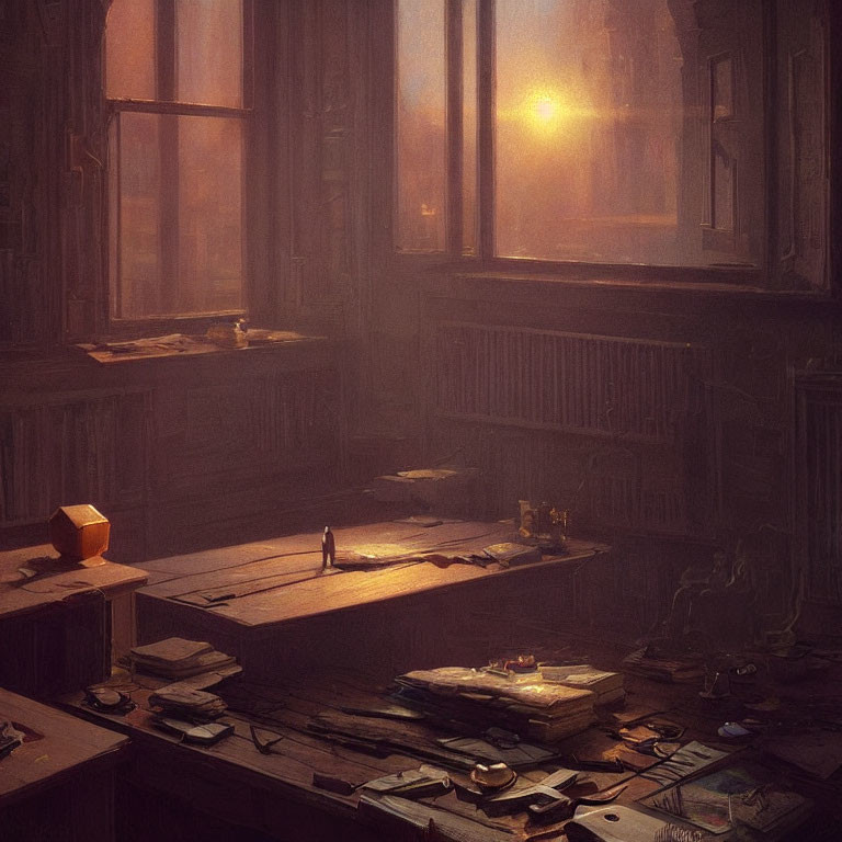 Vintage Study Room with Warm Sunset Light and Tranquil Atmosphere