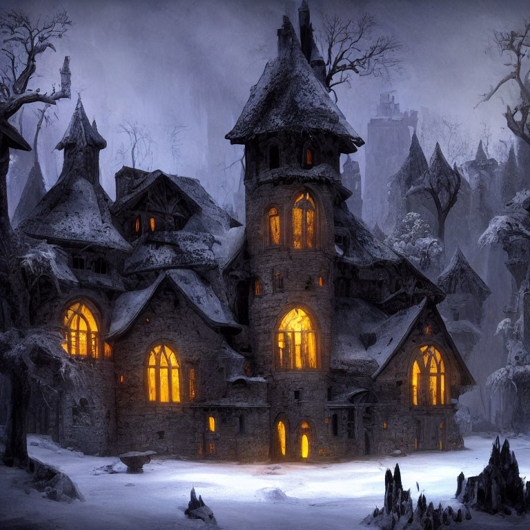 Gothic mansion in twilight with warm lit windows in snowy landscape