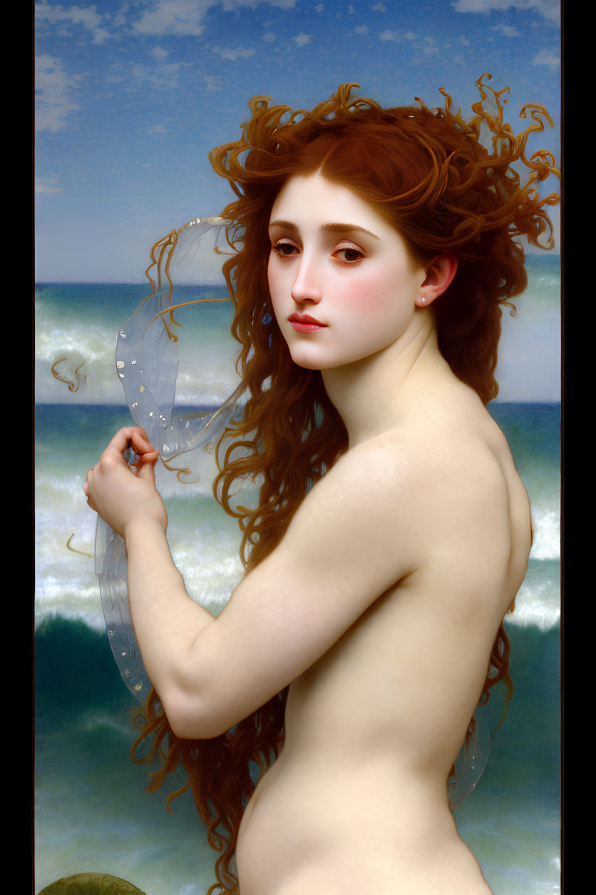 Nude woman with red hair in contemplative pose by the sea