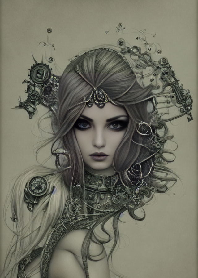 Fantasy portrait of a female figure with intricate mechanical adornments in her hair