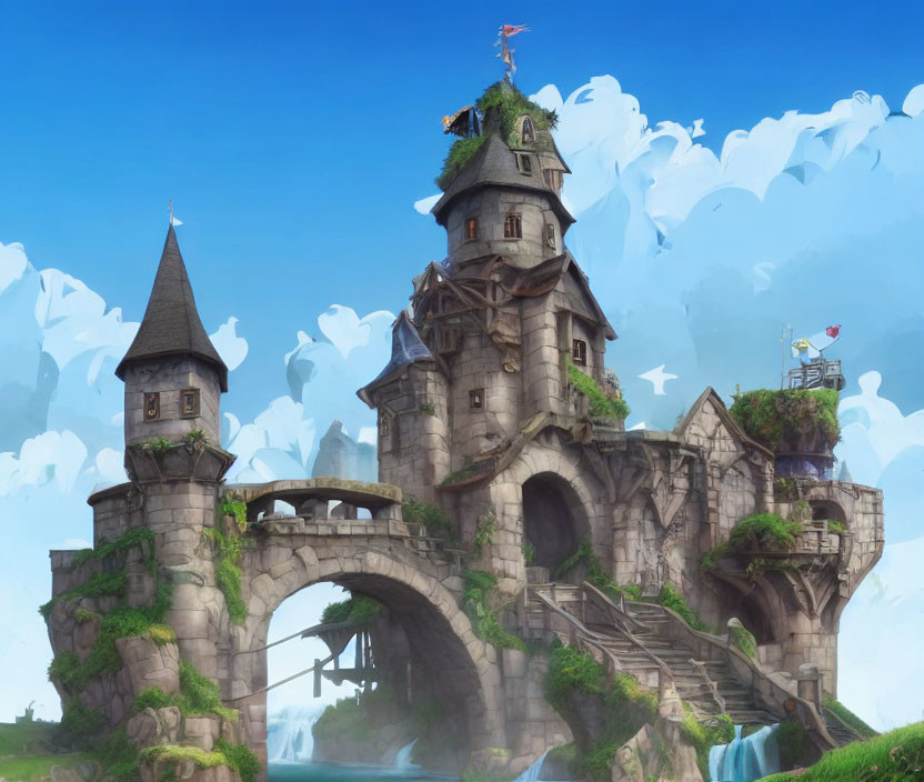 Stone castle with towers, bridge, waterfalls, and greenery against blue skies