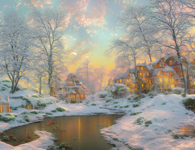 Snow-covered houses and trees by a river under a warm winter sky