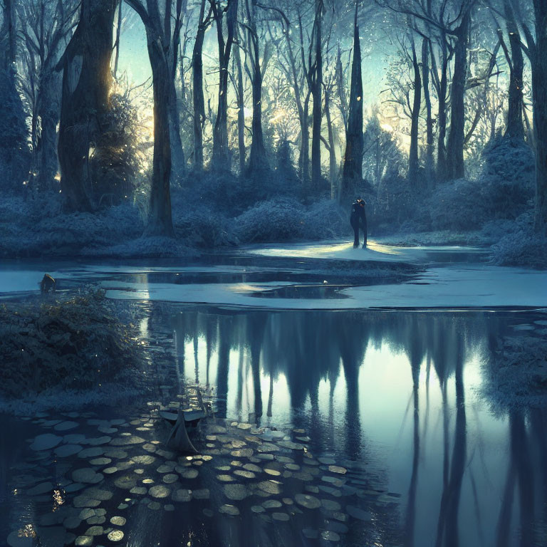Person standing on frozen pond in mystical forest with sunlight filtering through trees