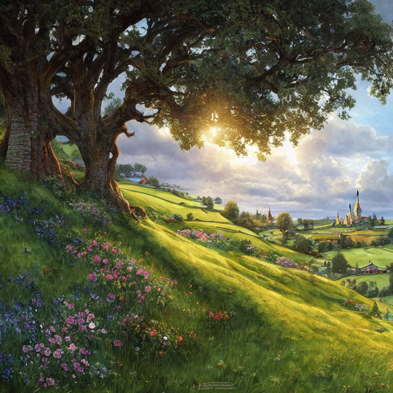 Vibrant wildflowers, green hills, ancient tree, castle in sunny landscape