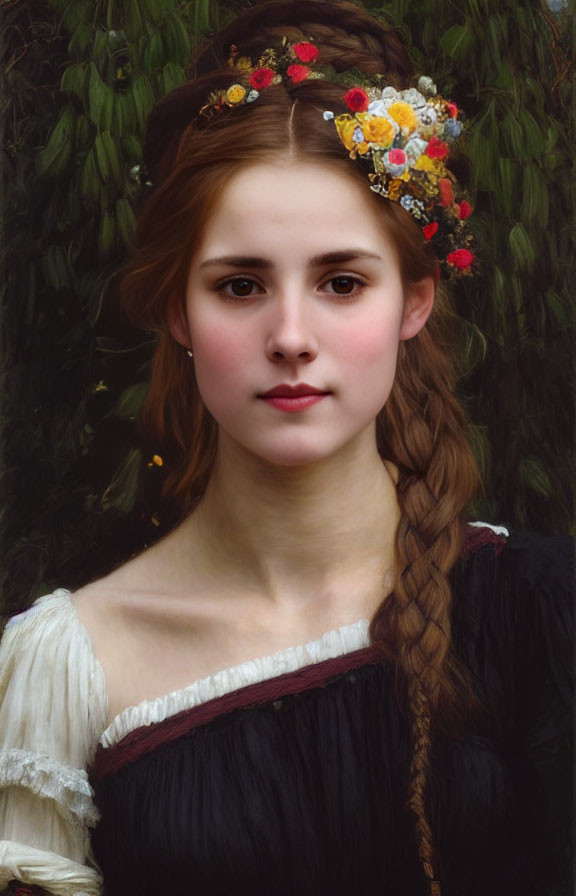 Young Woman with Braided Hairstyle and Floral Headpiece in Vintage Dress