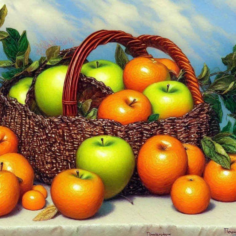 Still Life Painting of Wicker Basket with Green Apples and Oranges