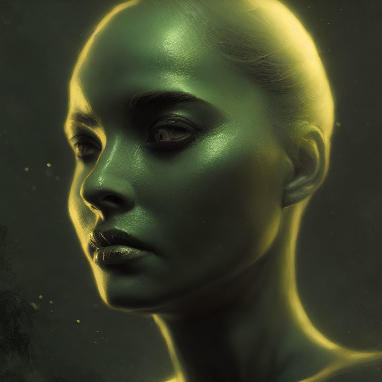 Portrait of a person with glowing green skin and ethereal sheen