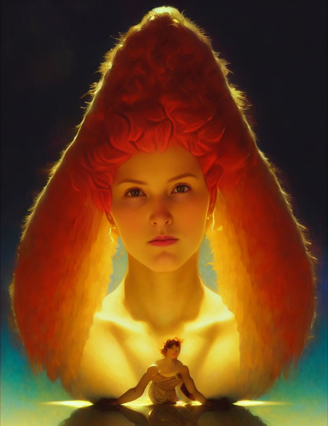 Portrait of a girl with fiery red flame-like hair in soft light against dark background