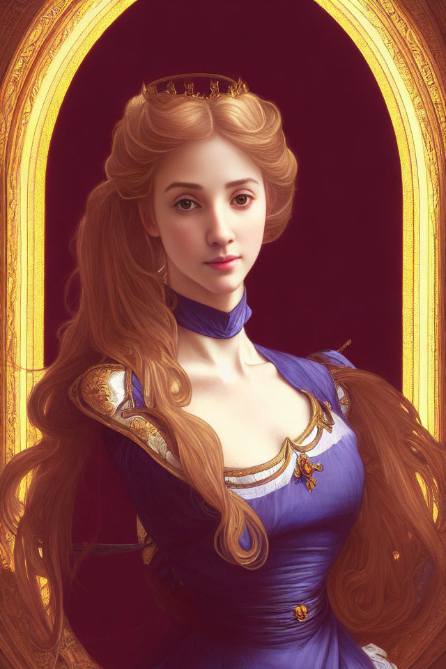 Regal woman with long wavy hair in blue and gold dress with crown by ornate arched