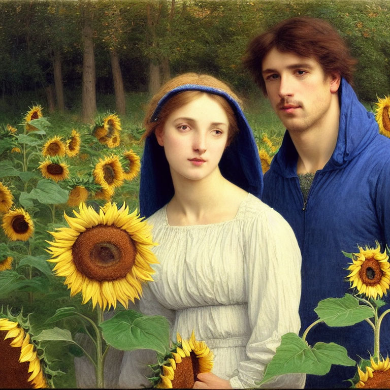 Woman in White Dress and Blue Headscarf with Man in Blue Cloak Surrounded by Sunflowers