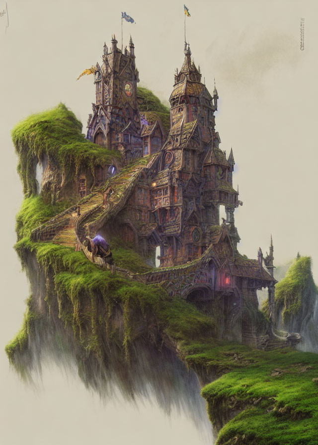 Fantasy castle on floating island with waterfalls & greenery