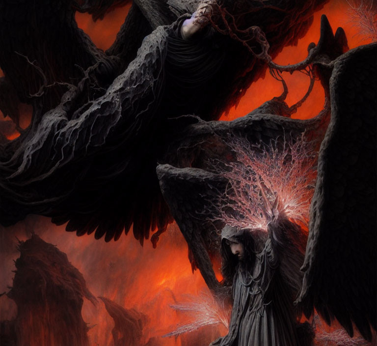 Ethereal dark scene: figures with tattered wings in fiery, bleak landscape