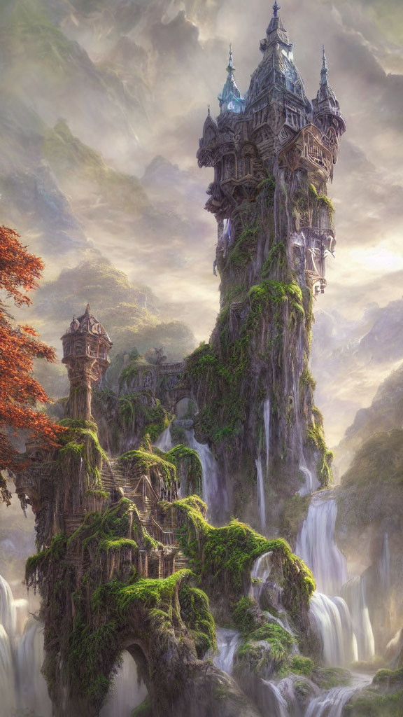Towering castle on cliff with waterfalls and misty clouds