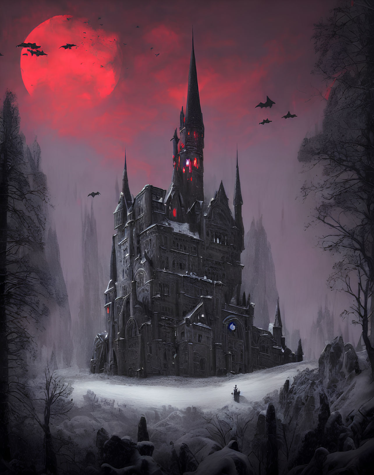 Gothic castle under blood-red moon in snowy landscape
