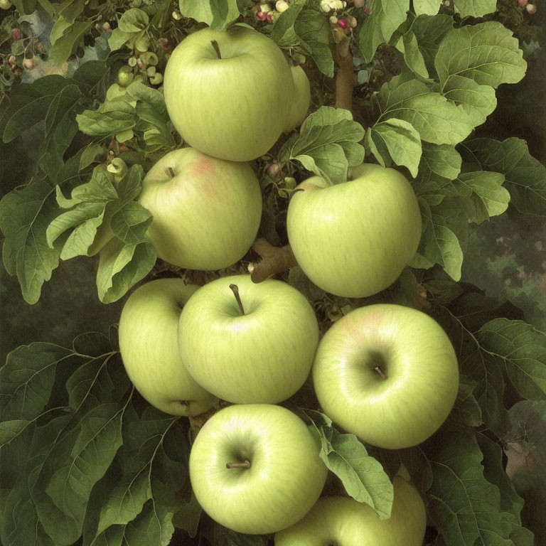 Cluster of Ripe Green Apples on Tree Branch