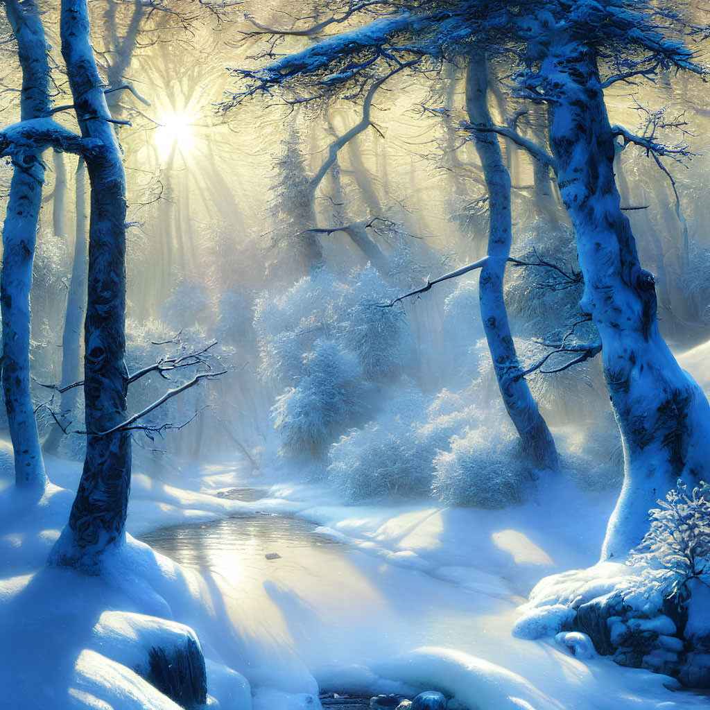 Winter forest scene: Sunlight through snow-covered trees by frozen stream