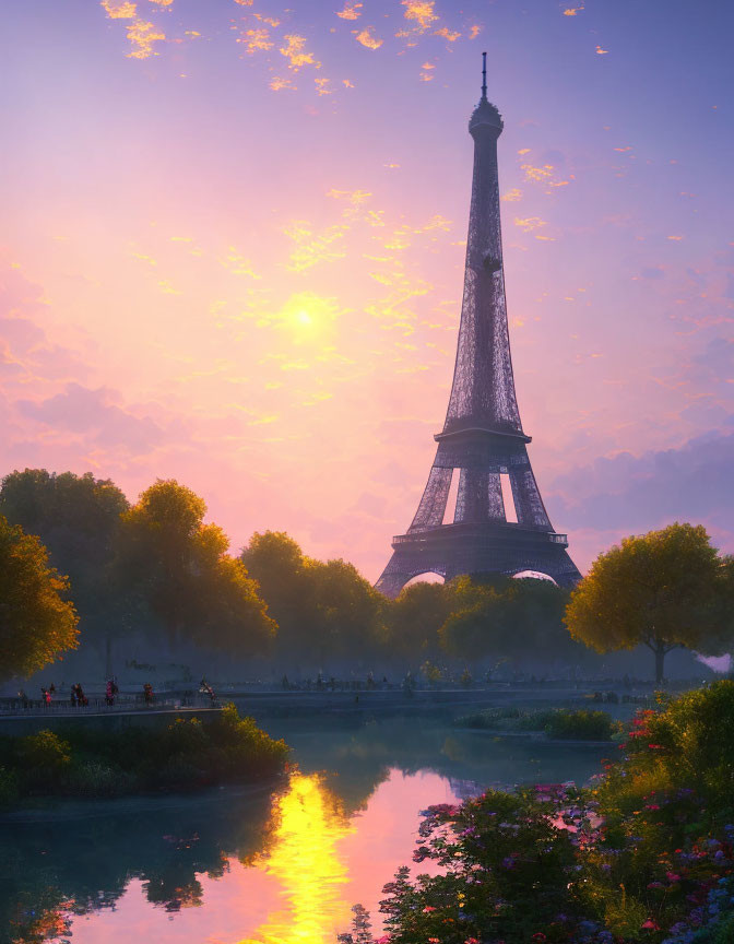Scenic sunset view of Eiffel Tower by serene river