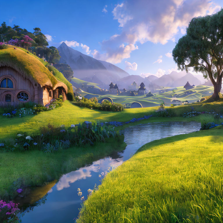 Tranquil river landscape with hobbit-style house and lush greenery