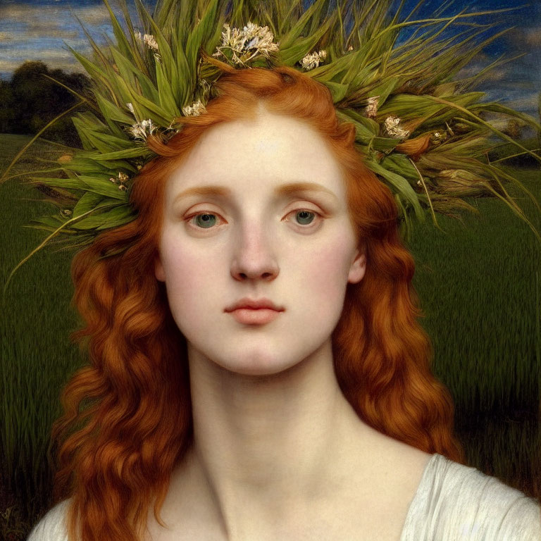 Portrait of Woman with Red Hair and Floral Wreath in Wheat Field