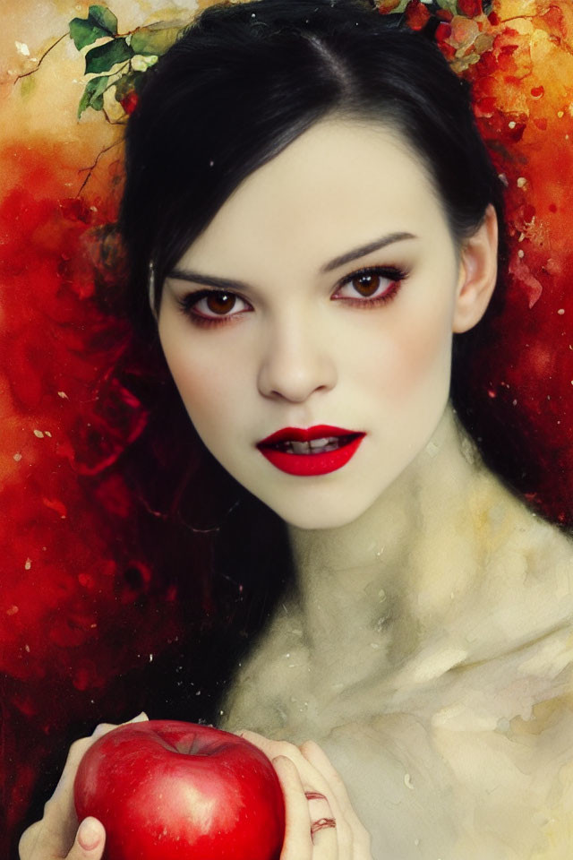 Portrait of woman with porcelain skin, dark hair, red eyes, and red lips holding an apple on