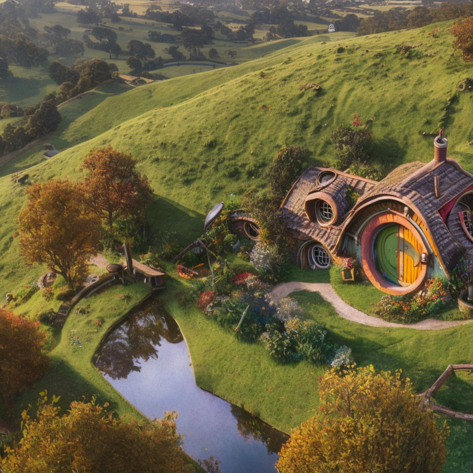 Hobbiton house with round orange door in lush green hills