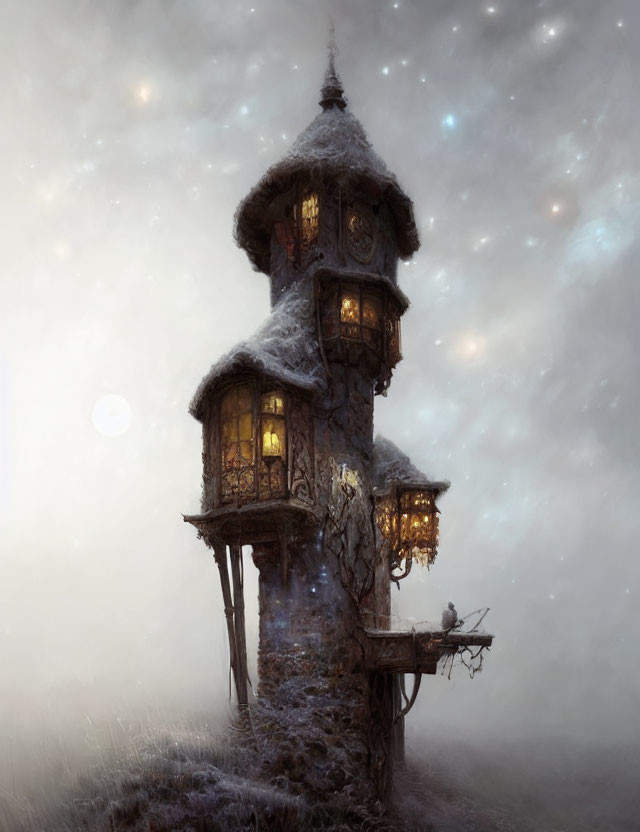 Snow-covered treehouse in misty, starlit sky