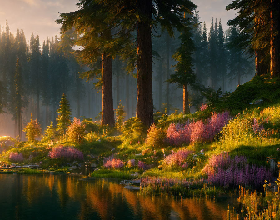 Tranquil forest scene at sunrise with tall pines, purple flowers, greenery, and serene