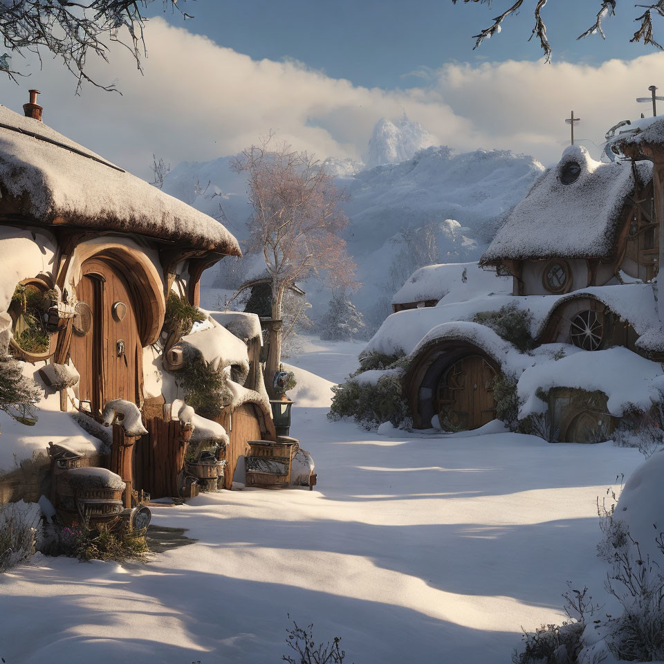 Snowy Landscape with Hobbit-Style Houses and Mountains