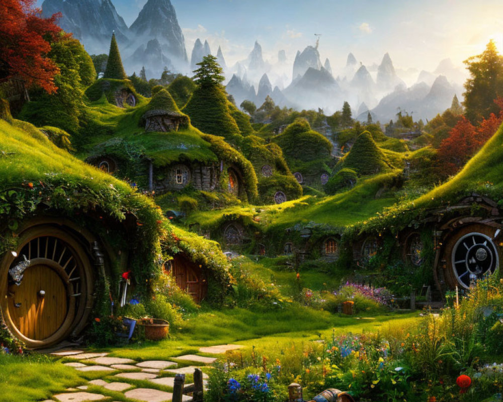 Fantasy landscape with hobbit-style homes in green hills