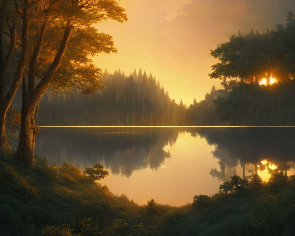 Sunrise over tranquil lake with sun reflection, forested hills, golden light, and clear sky
