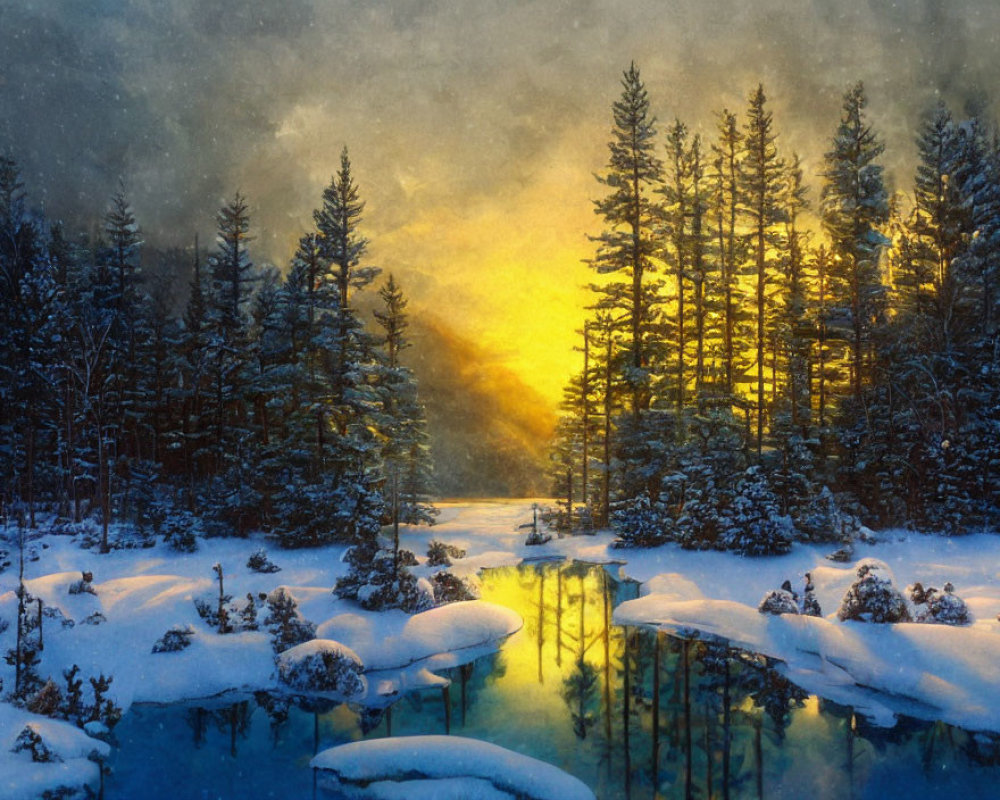 Snow-covered Winter Landscape with River and Evergreen Trees at Sunrise