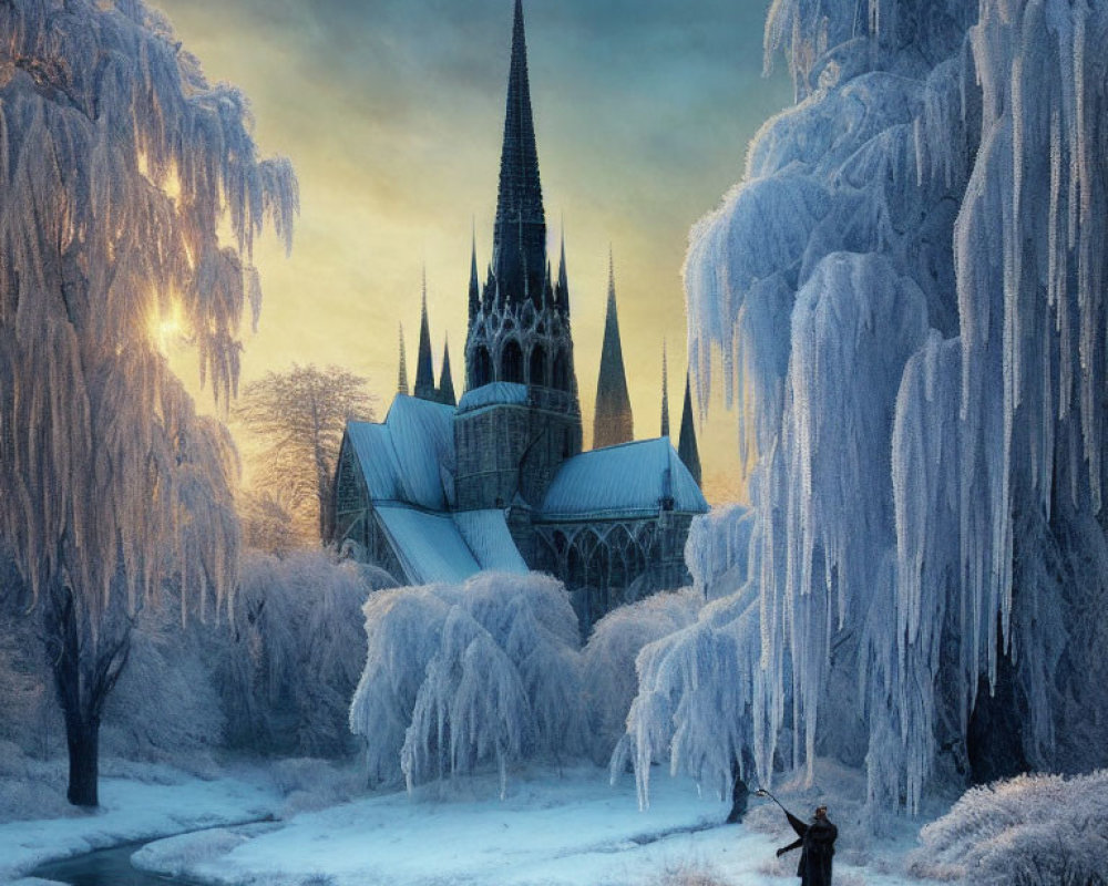 Person admires gothic cathedral by frozen river in frosty landscape