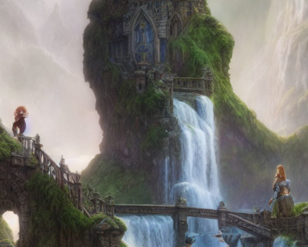 Fantasy scene: House on waterfall with lush greenery, fog, fishing people, and bridge.