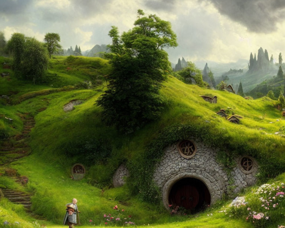 Green hillside with hobbit-holes, figure standing outside, misty mountains in the distance